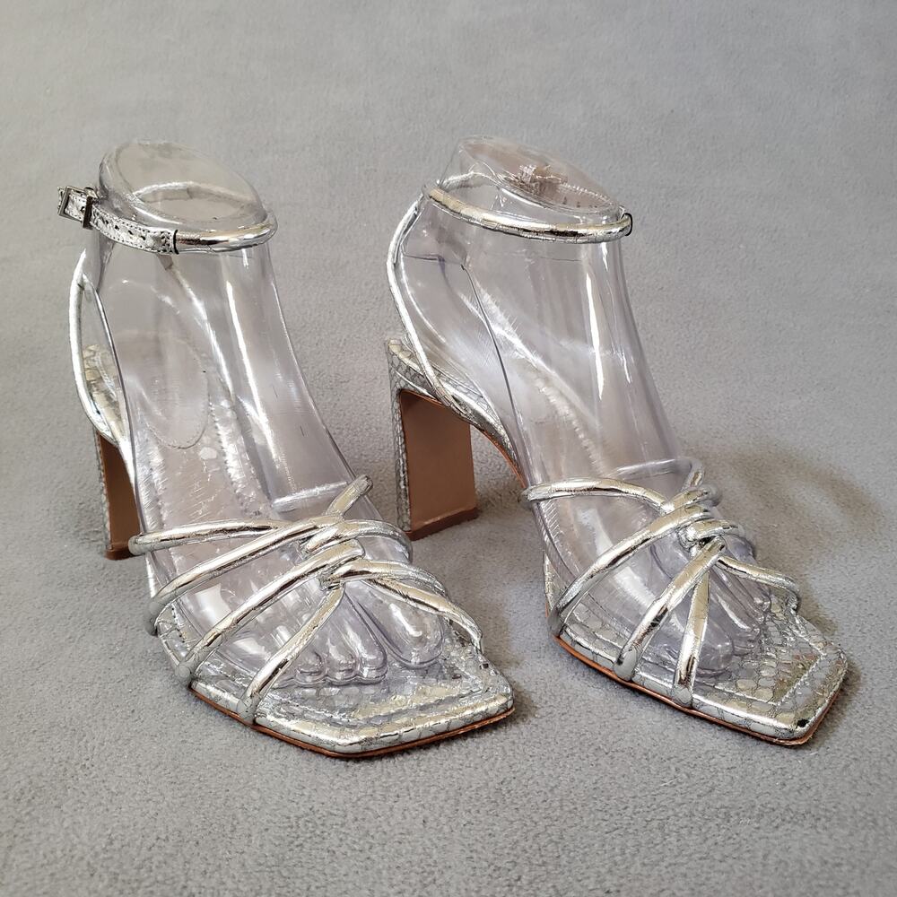 Schutz Rachel High Block Sandals‎ Prata Women's Size 6.5 SCHU-WZ1357 Silver